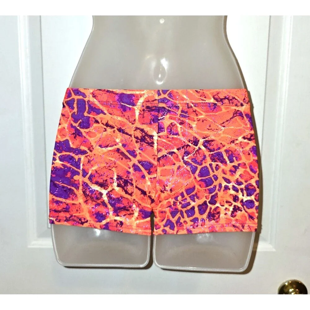 Motionwear Orange Purple Lava Crackle Dance Gym Shorts SA, Fits like Large Child